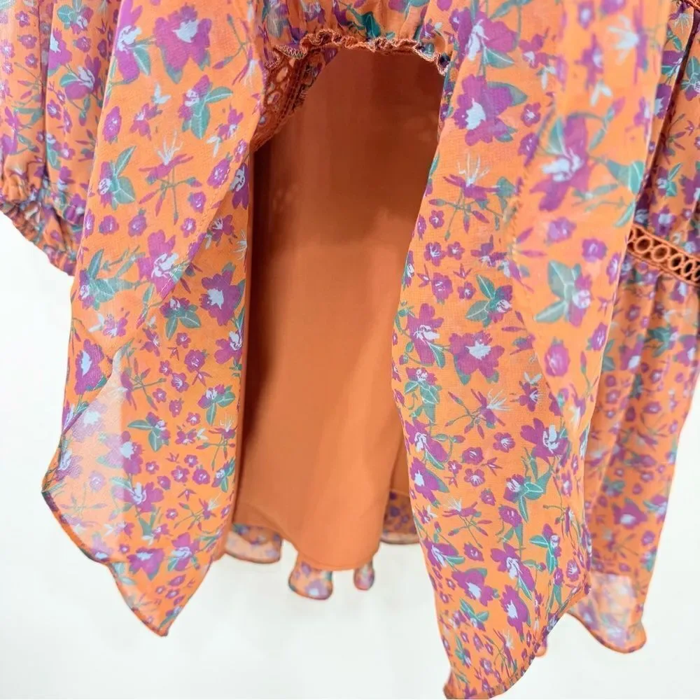 Rebecca Minkoff CADEN Dark Orange Magenta Floral Boho Chic Tiered Peasant Dress - Picture 14 of 16